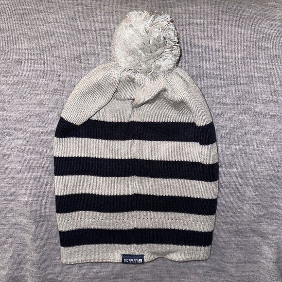 SPERRY OS Silver Navy Striped Metallic Lurex Embroidered Logo Pom Pom Hat - Picture 2 of 6
